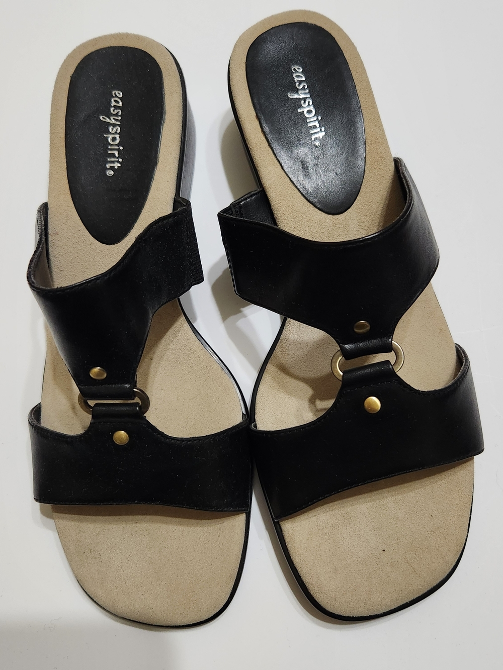 Easy Spirit Black Slide Sandals with Gold Hardware